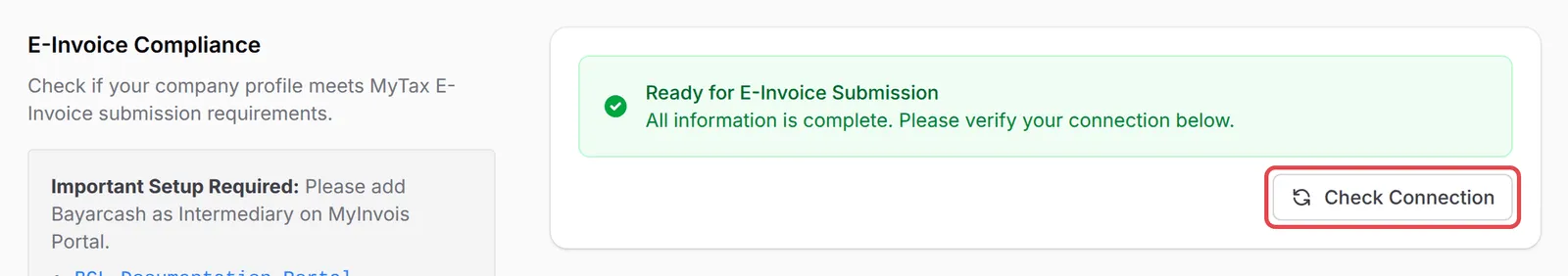 Ready for E-invois Submission dengan butang Check Connection ditanda