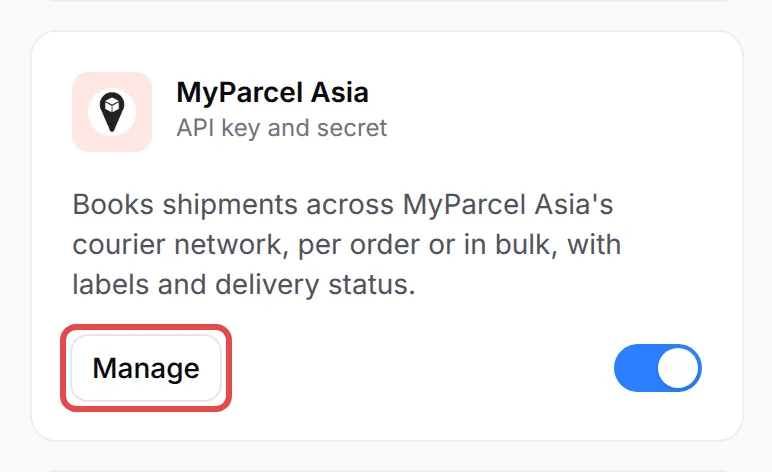 The MyParcel Asia card on the Courier Integration page with the button highlighted