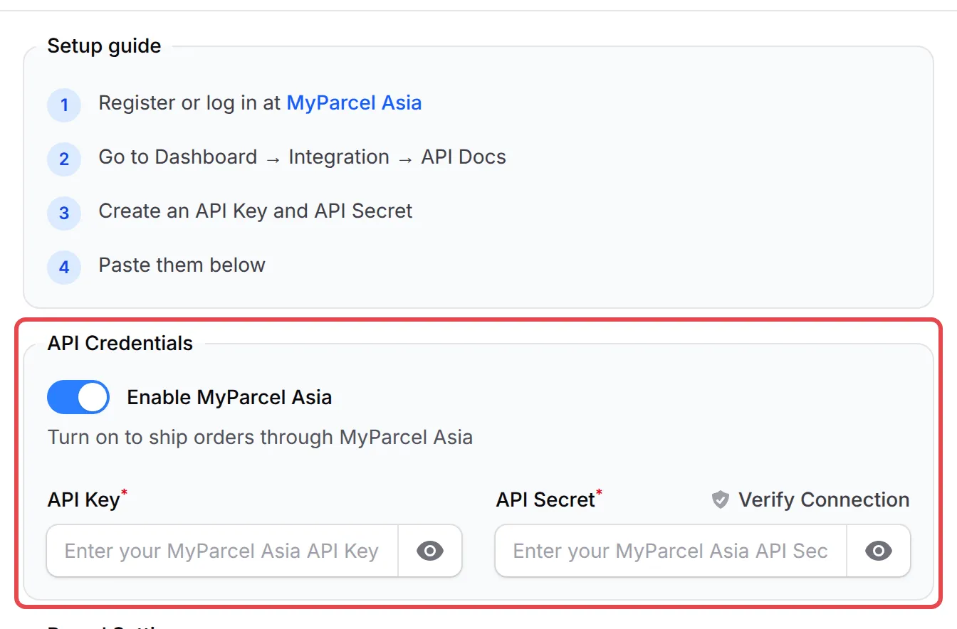 The API Credentials box with Enable MyParcel Asia on, API Key and API Secret