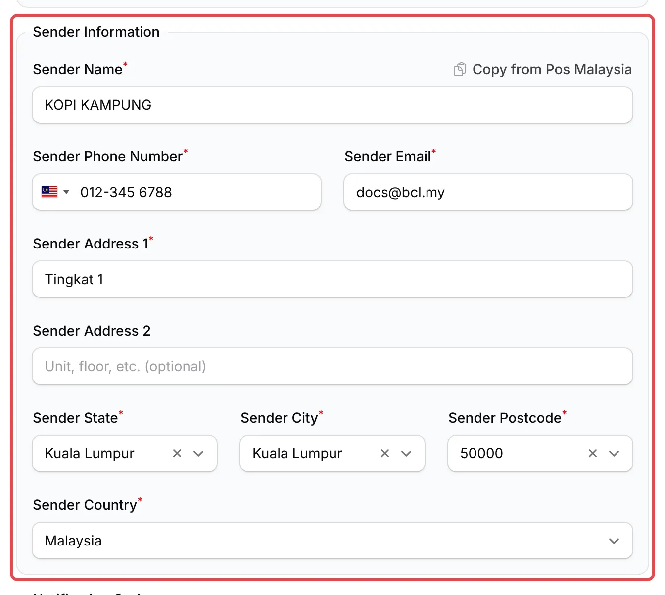 The Sender Information box in the MyParcel Asia panel