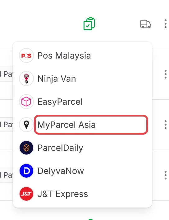 The Courier menu on an order with MyParcel Asia highlighted