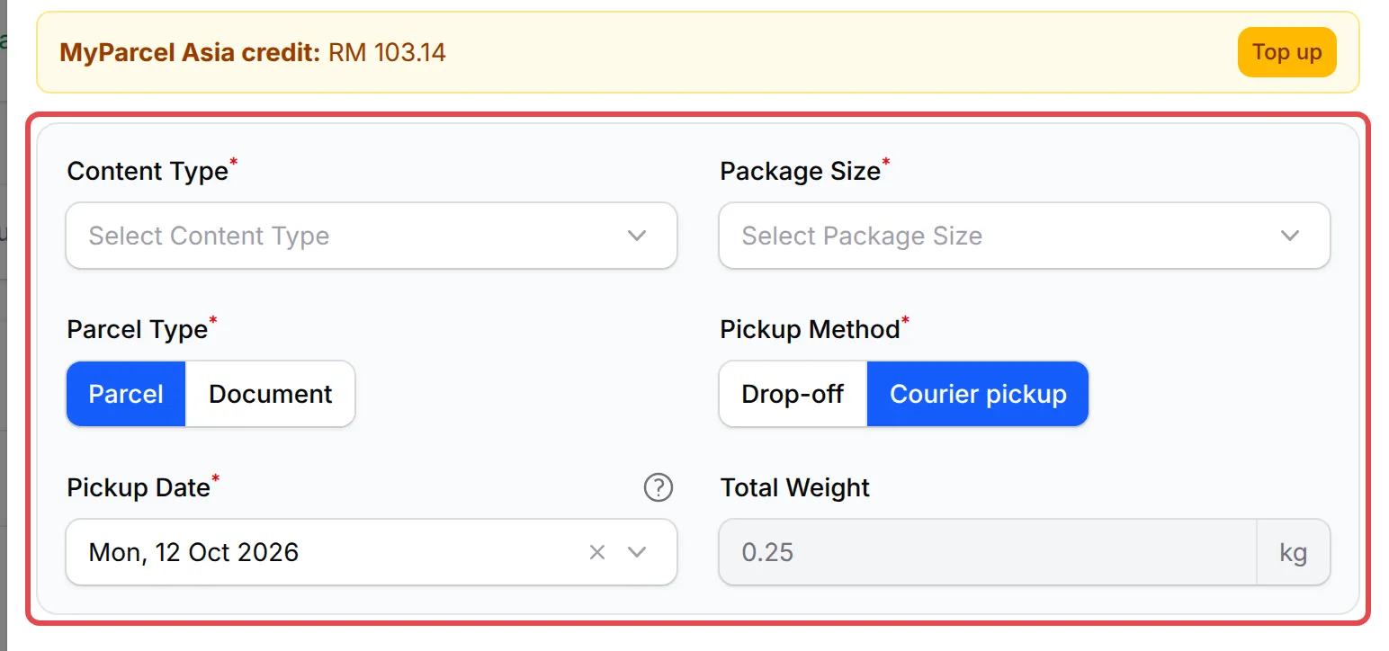 The MyParcel Asia credit and the parcel details: Content Type, Package Size, Parcel Type, Pickup Method, Pickup Date and Total Weight