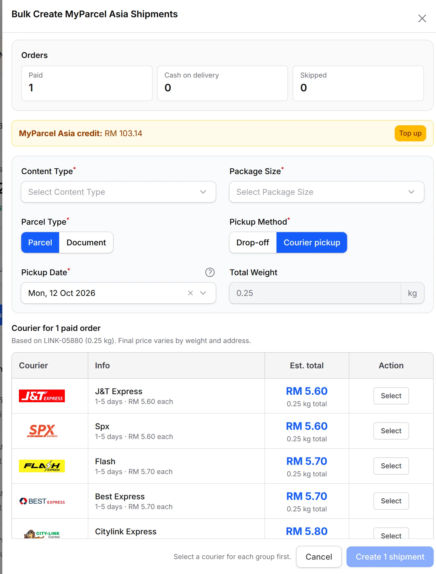 Bulk Create MyParcel Asia Shipments with the Orders summary, the credit, the parcel details and the couriers for the paid orders