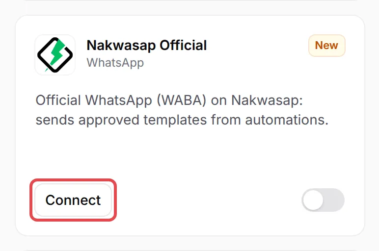 The Nakwasap Official card on the Integrations page with Connect highlighted