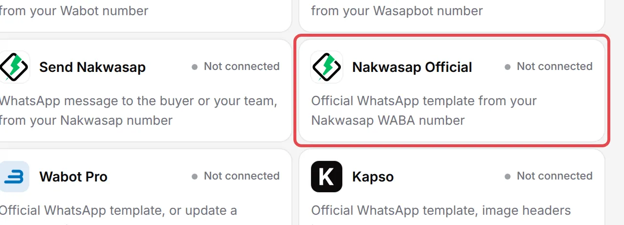The Add Node menu with Nakwasap Official highlighted under WhatsApp