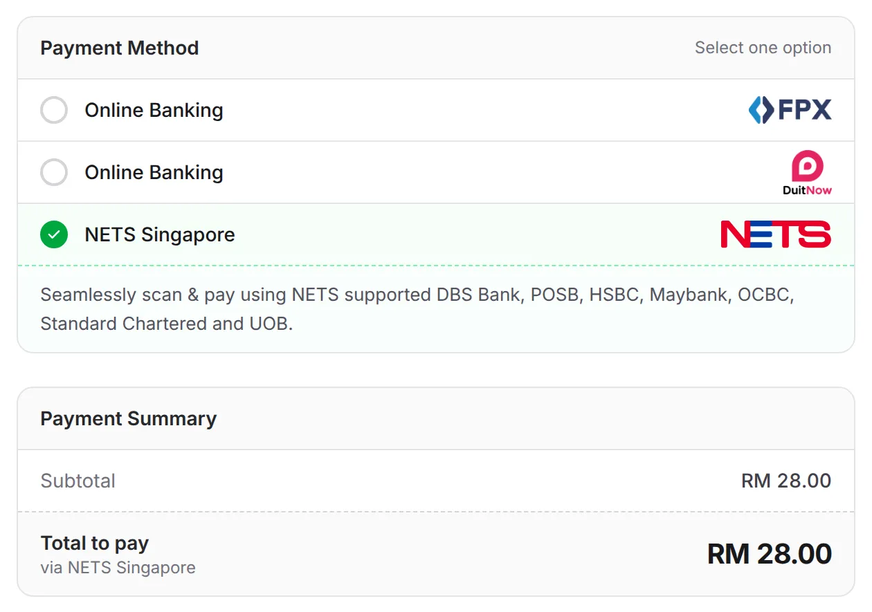 The Payment Method list with NETS Singapore picked, its list of supported banks, and the Payment Summary showing Total to pay via NETS Singapore