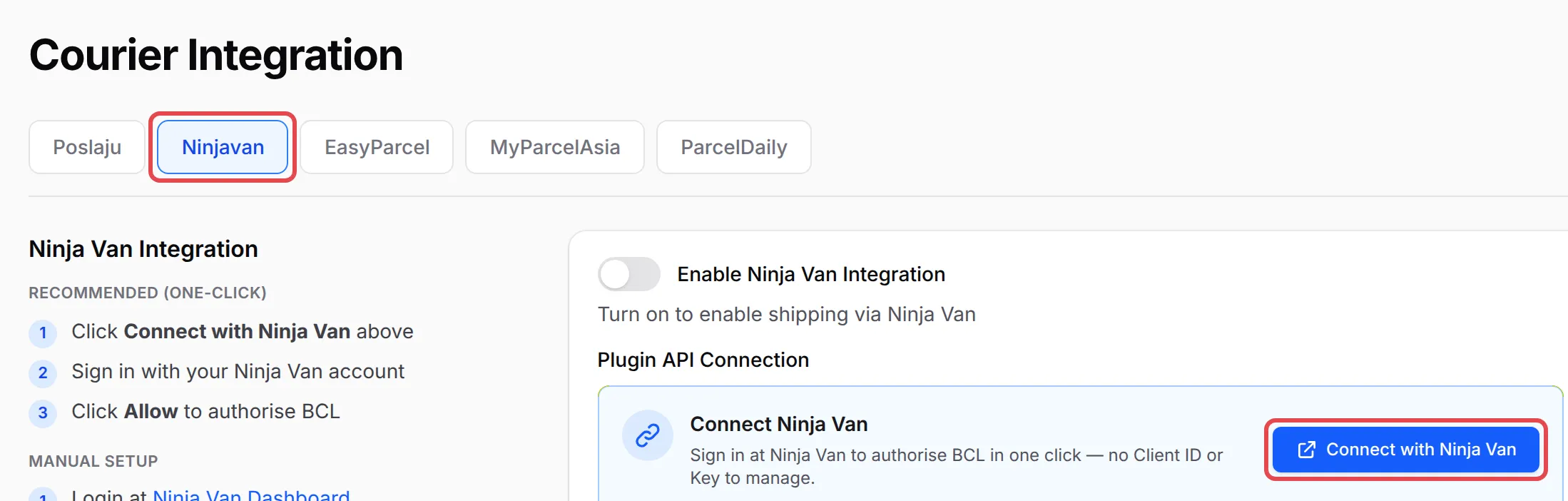 The Ninjavan tab of Courier Integration with the Connect with Ninja Van button highlighted