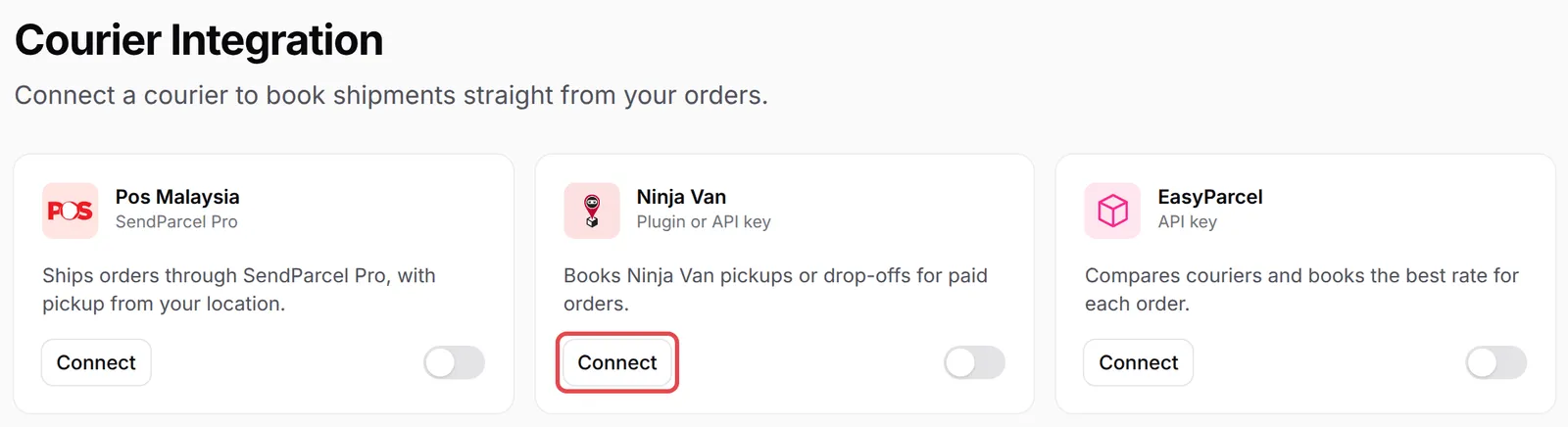 The Courier Integration page with Connect on the Ninja Van card highlighted