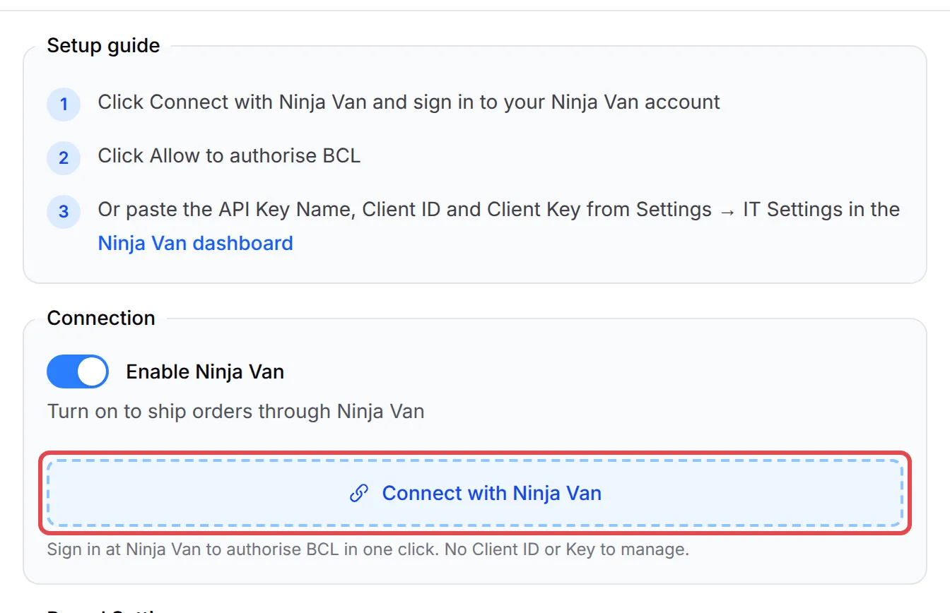 The Ninja Van panel with Enable Ninja Van on and the Connect with Ninja Van button highlighted