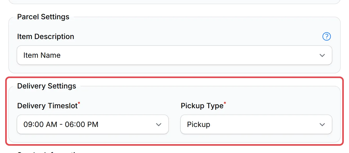 Parcel Settings and the Delivery Settings box highlighted in the Ninja Van panel