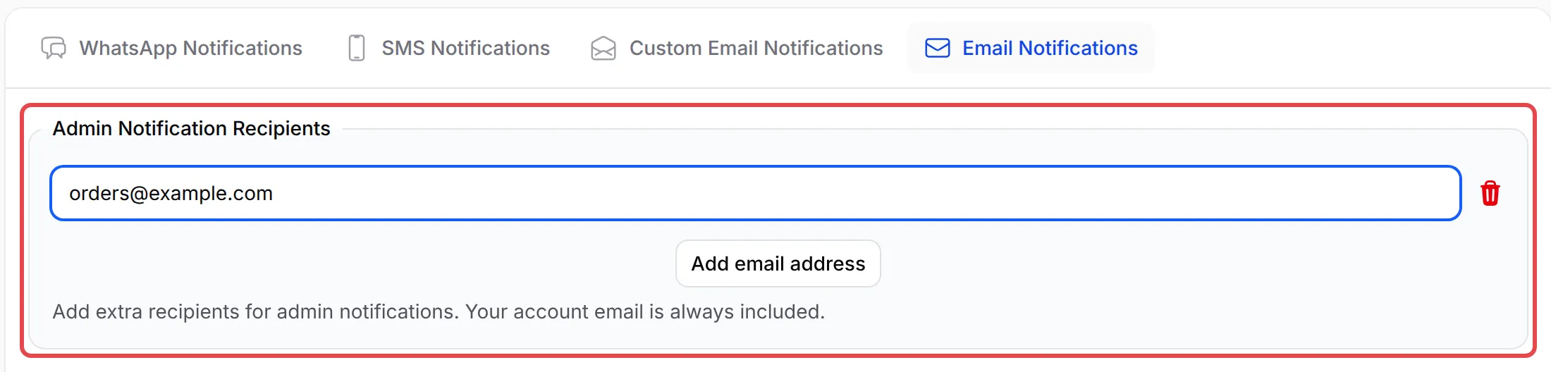 The Admin Notification Recipients section with orders@example.com added