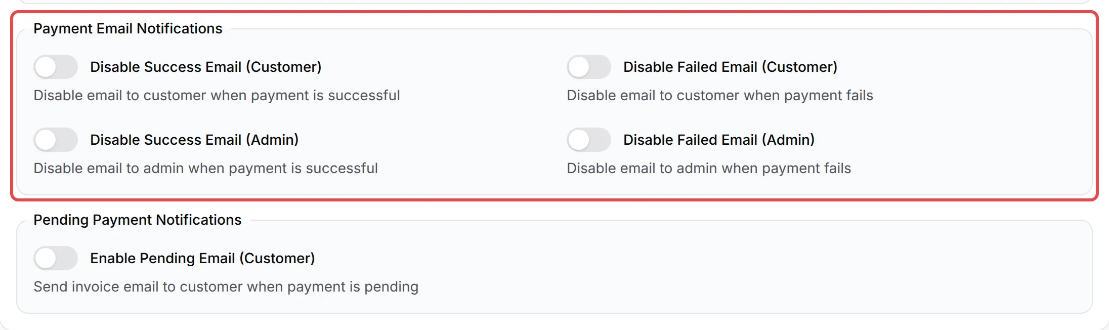 The Payment Email Notifications section with the four Disable switches