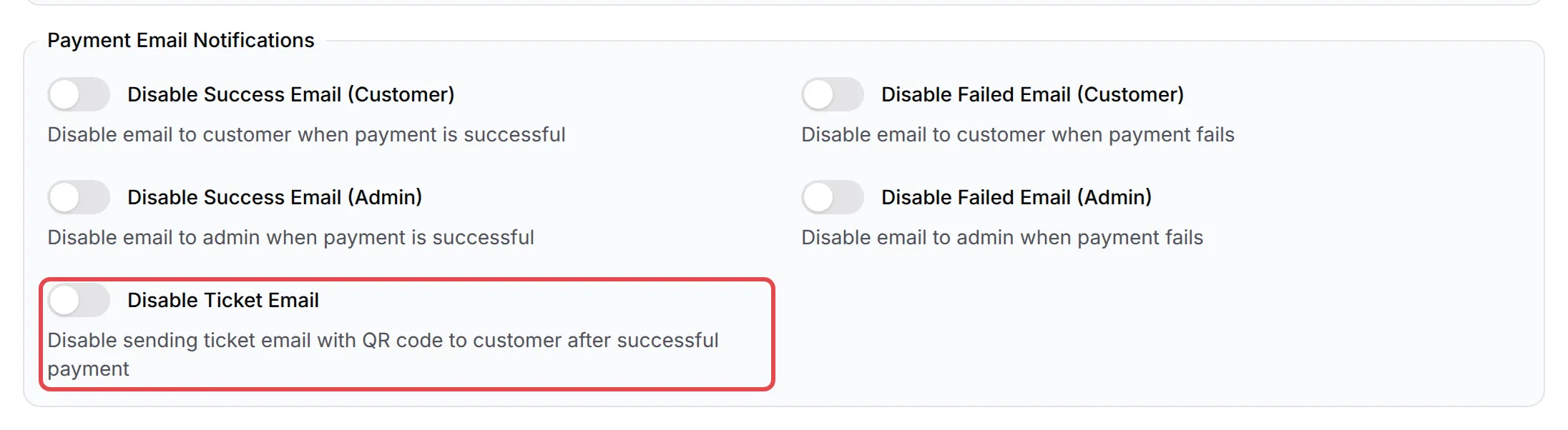 The Disable Ticket Email switch highlighted on an event form’s Email Notifications tab