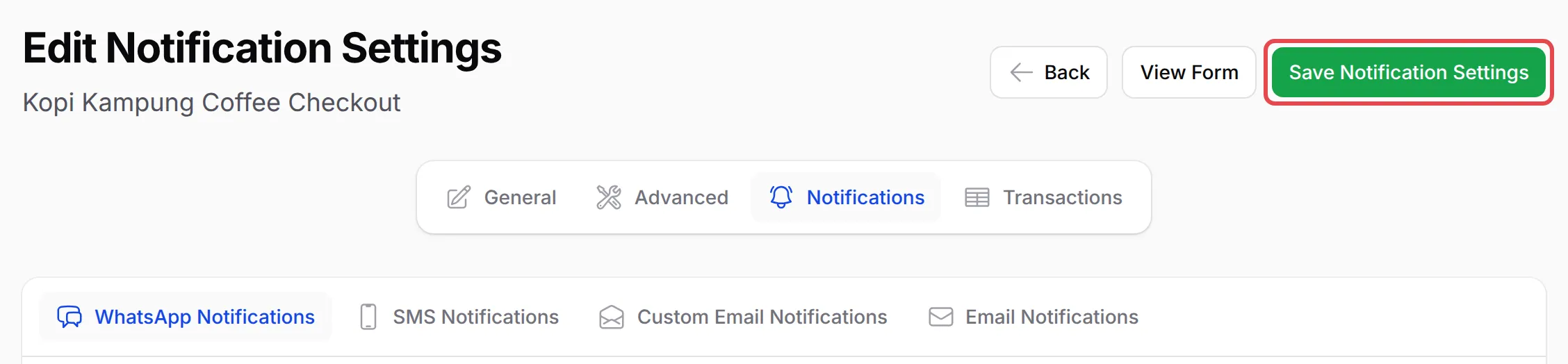 The Save Notification Settings button highlighted at the top of the Edit Notification Settings page