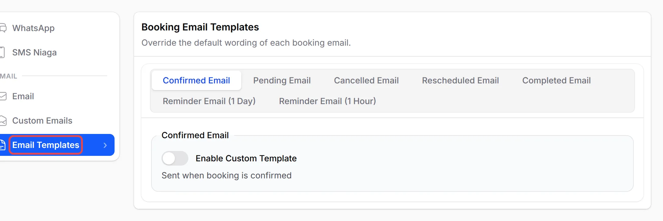 The Email Templates tab of a booking form with the seven booking emails