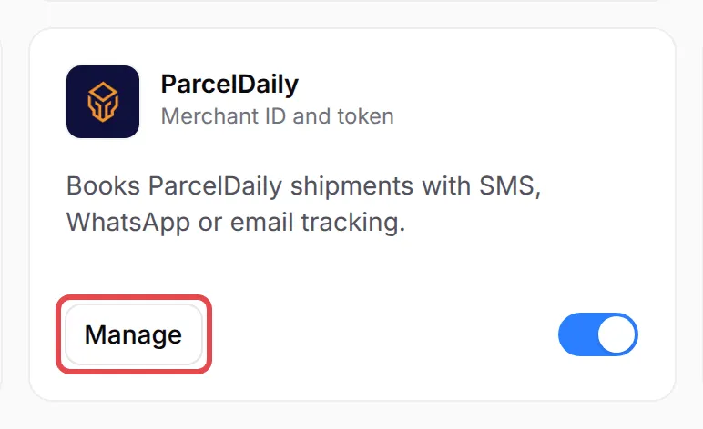 The ParcelDaily card on the Courier Integration page with the button highlighted