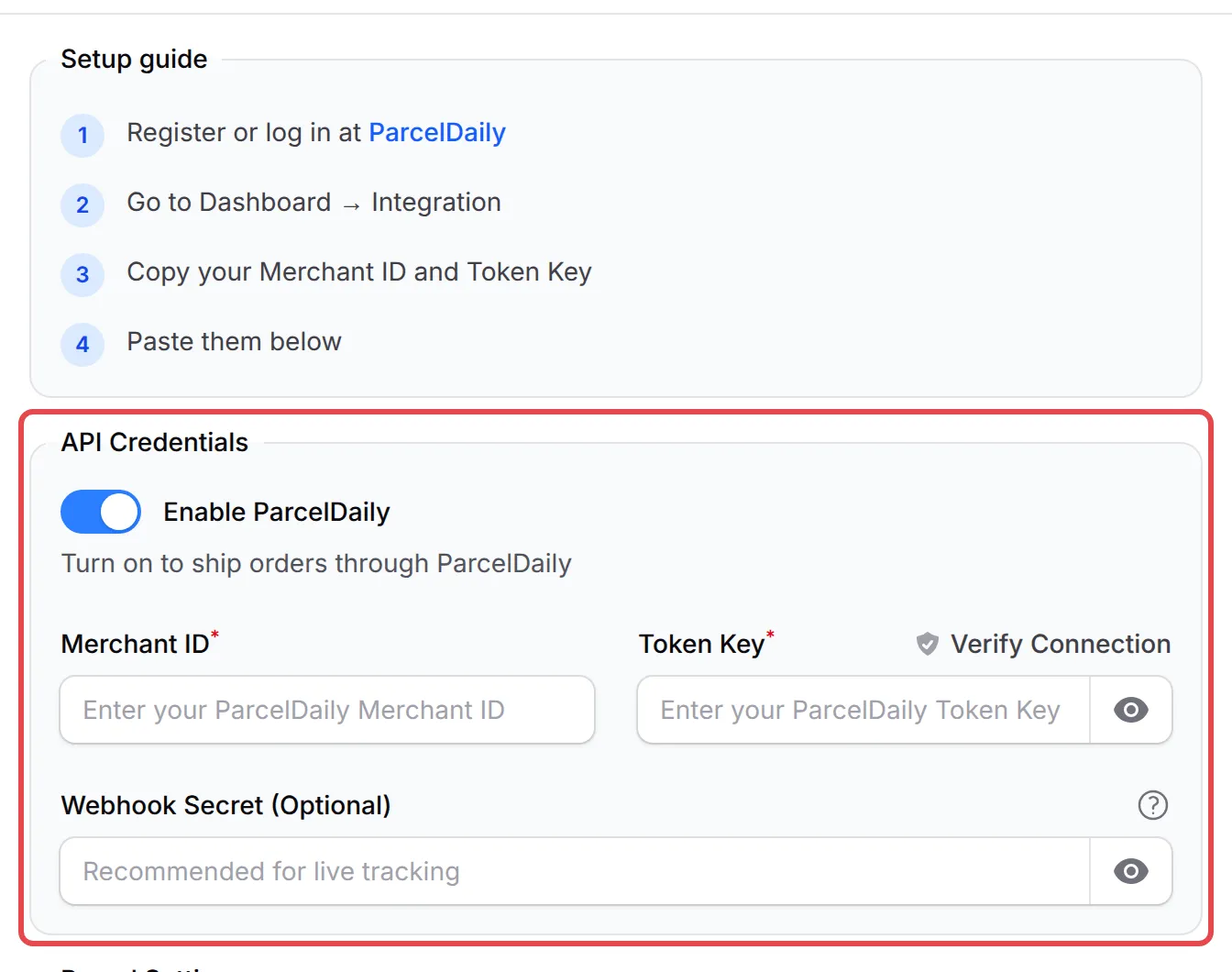 The API Credentials box with Enable ParcelDaily on, Merchant ID, Token Key and Webhook Secret