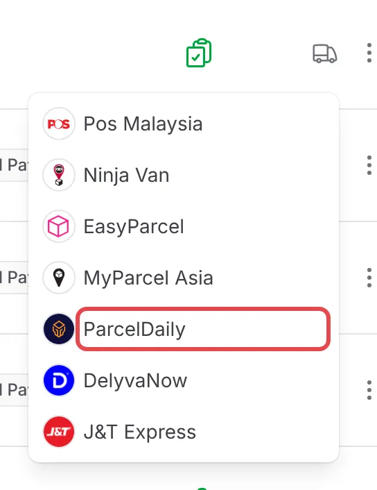 The Courier menu on an order with ParcelDaily highlighted