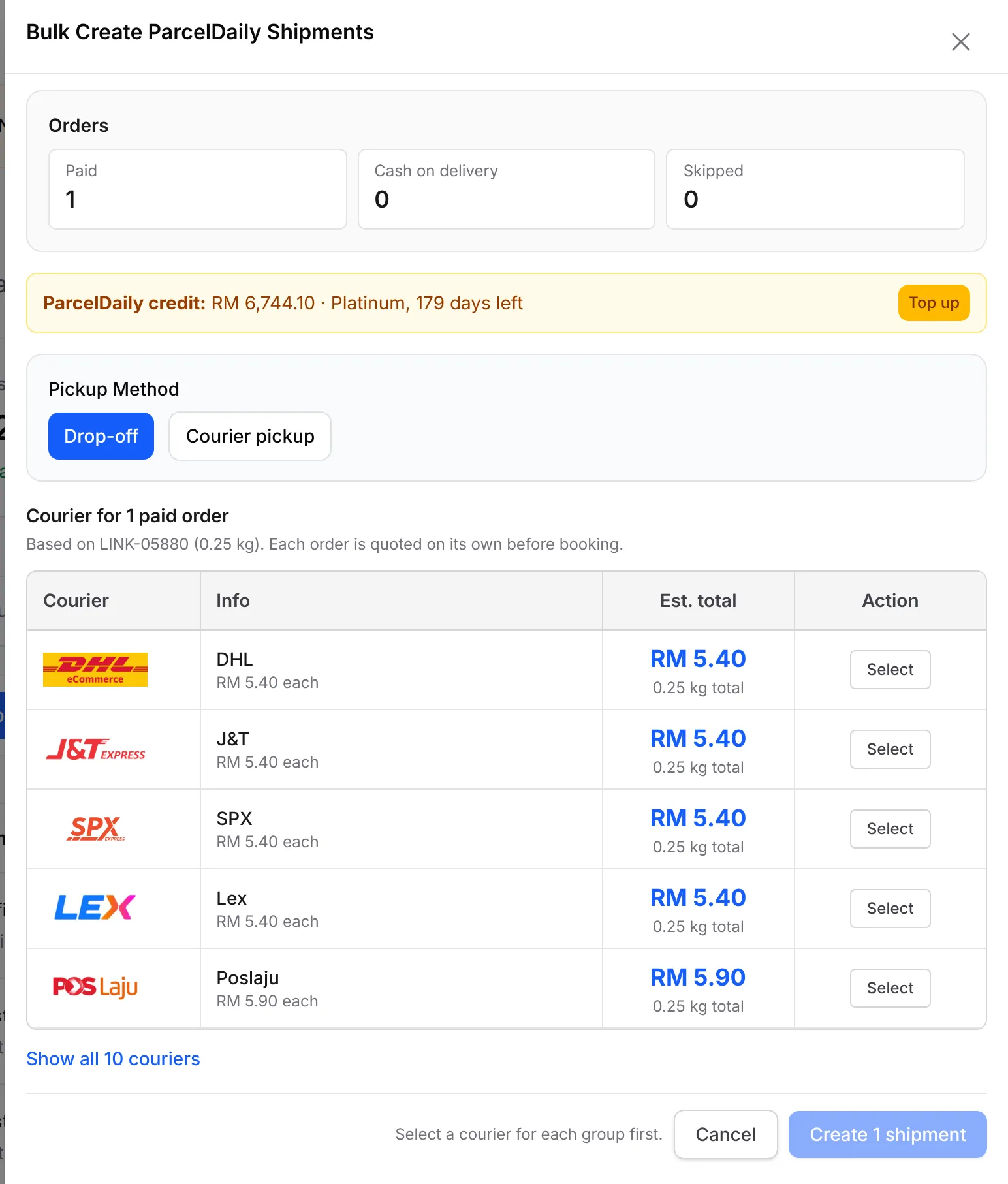 The Bulk Create ParcelDaily Shipments panel with the order summary, credit, Pickup Method and couriers