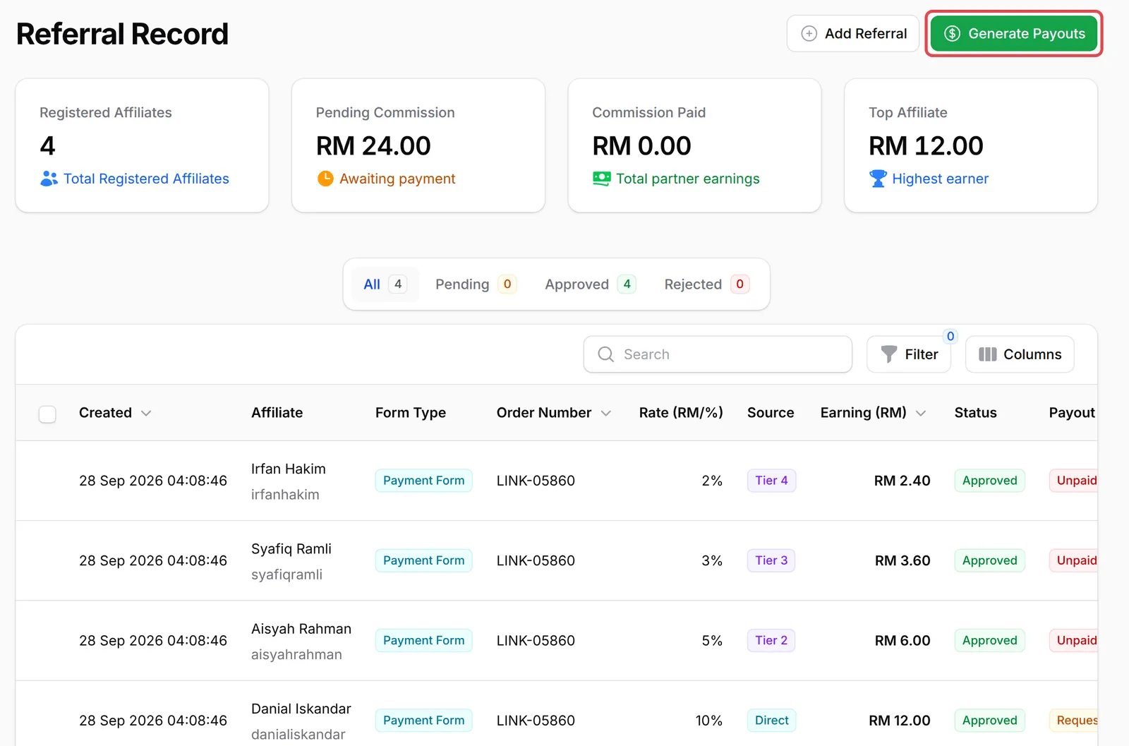 Page Referral Record dengan butang Generate Payouts ditanda