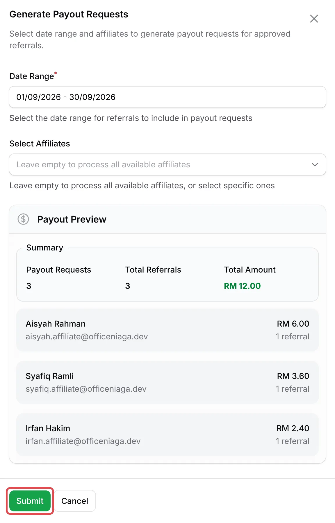 Panel Generate Payout Requests dengan julat tarikh, Payout Preview untuk tiga affiliate dan butang Submit ditanda