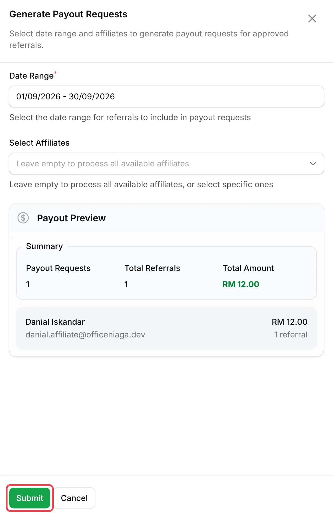 Generate Payout Requests面板，日期范围、三位affiliate的Payout Preview和Submit按钮已标示