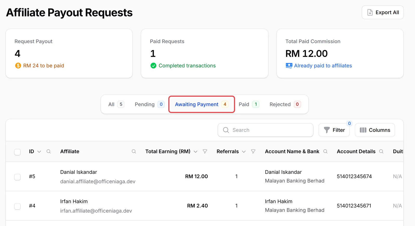 The Awaiting Payment tab highlighted, listing payouts with each affiliate’s Account Name & Bank and Account Details