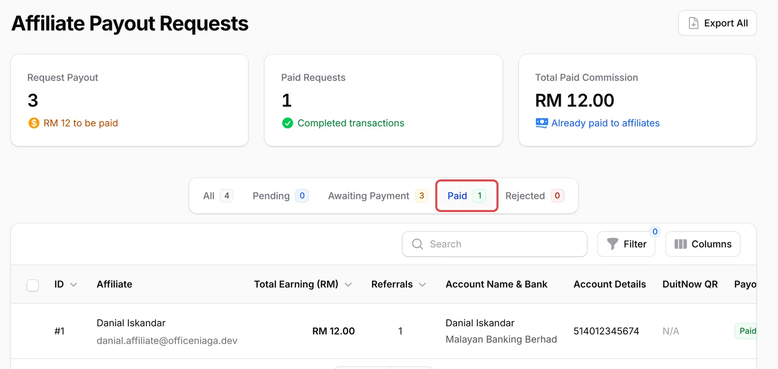 Tab Paid dengan senarai payout yang sudah dibayar