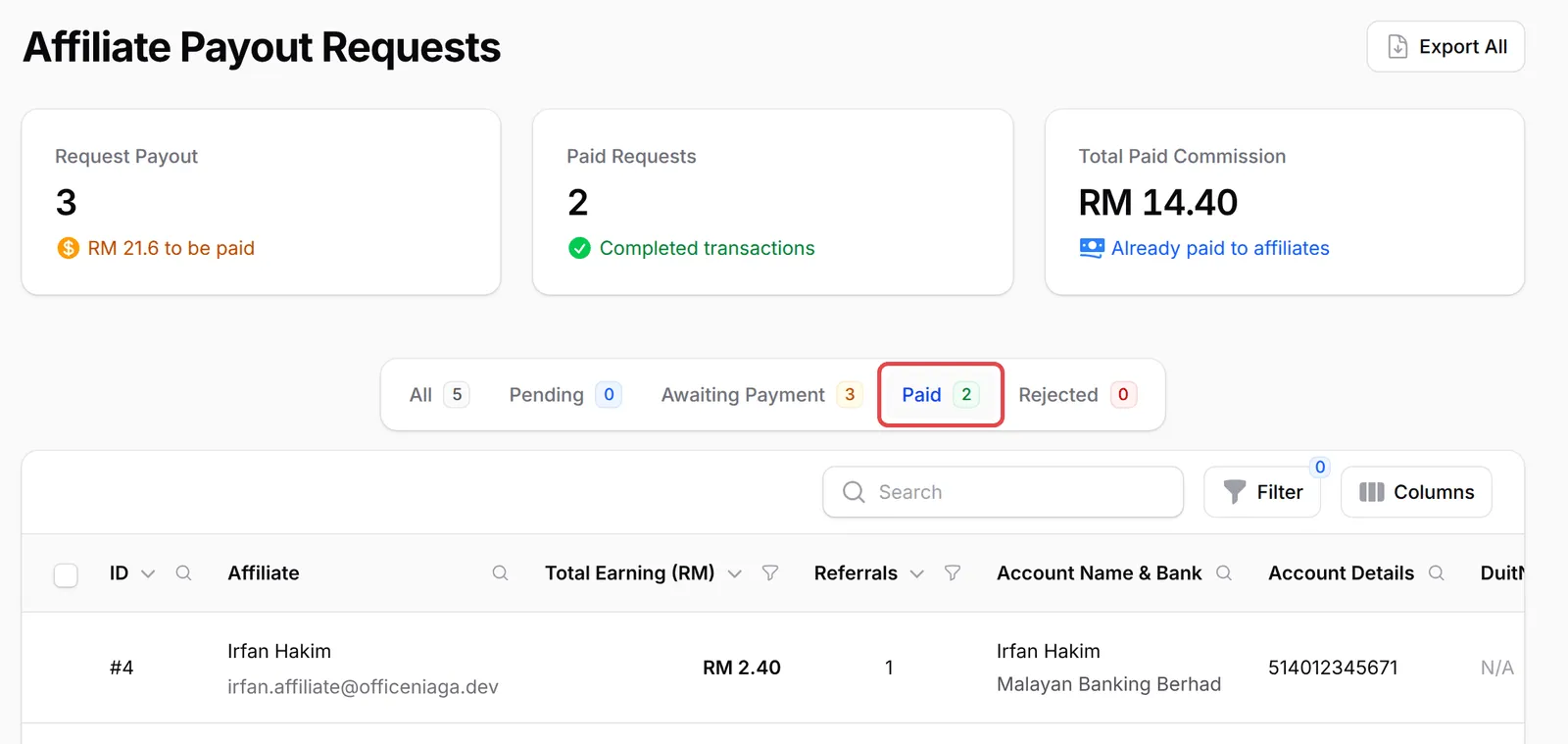 The Paid tab listing the paid payout