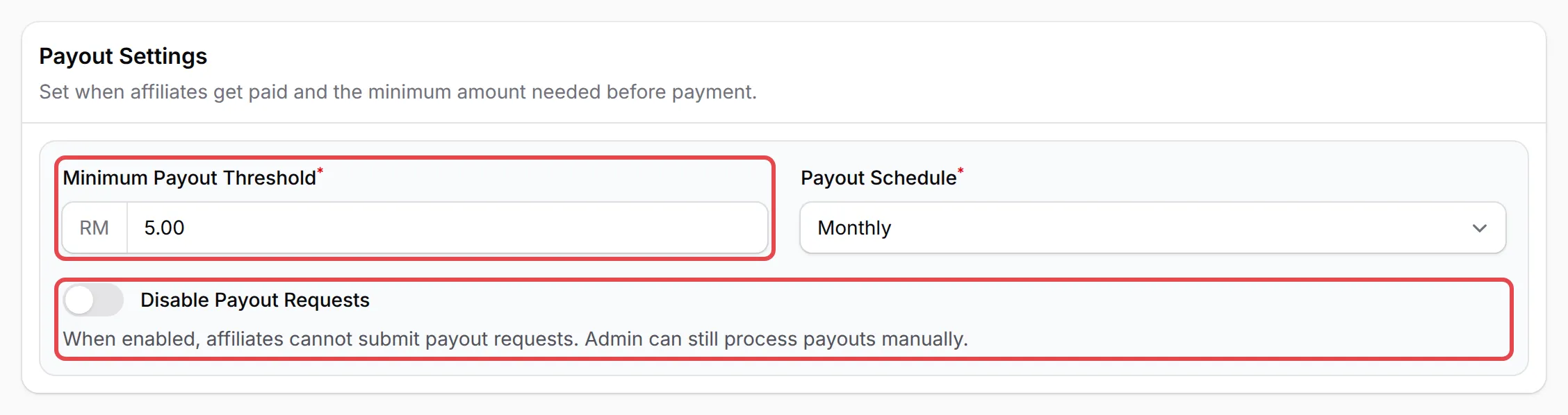 Payout Settings with Minimum Payout Threshold and Disable Payout Requests highlighted