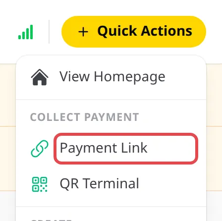 Menu Quick Actions dengan Payment Link ditanda di bawah Collect payment