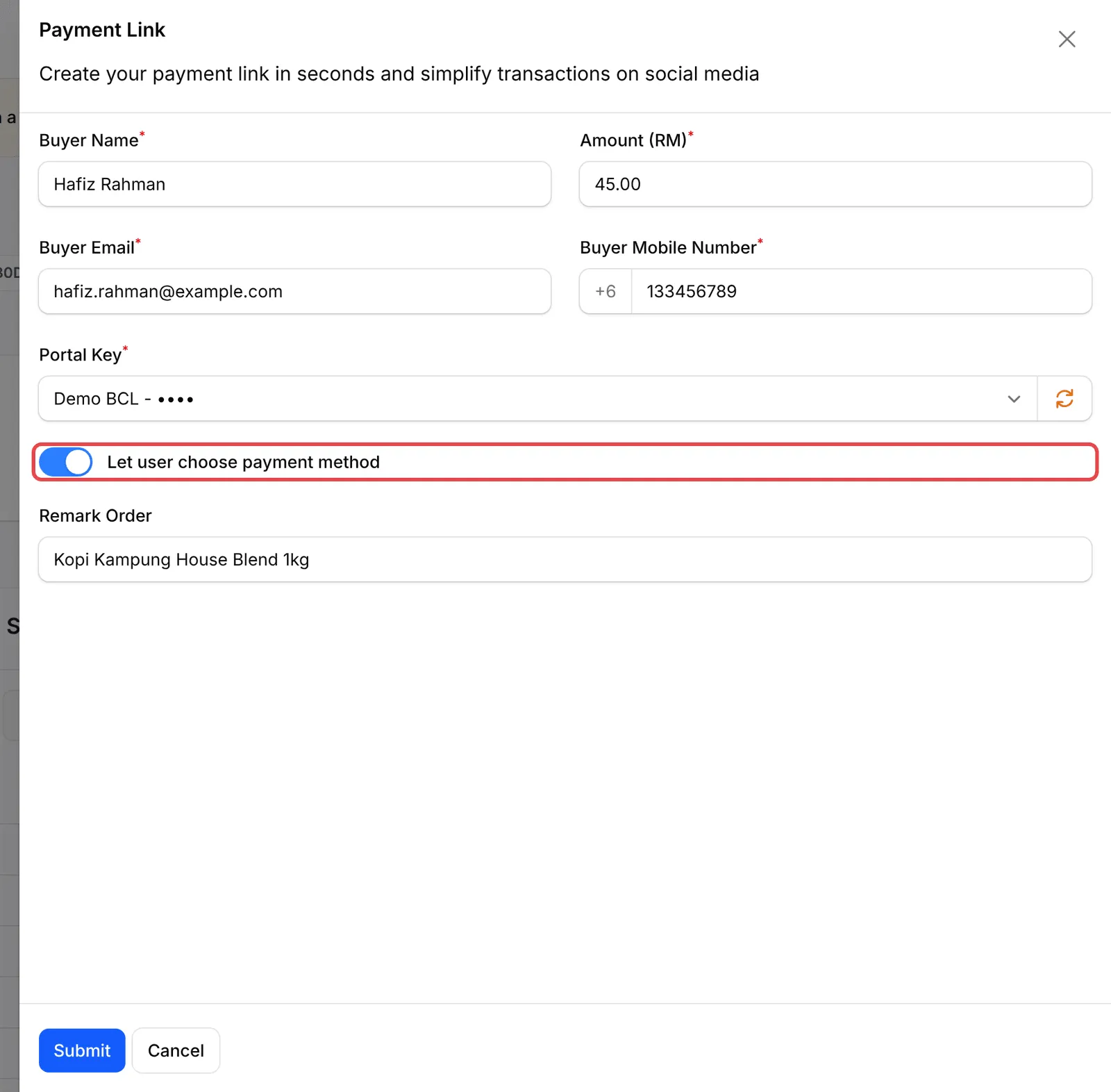 已填写的Payment Link表单,Let user choose payment method开关已标示