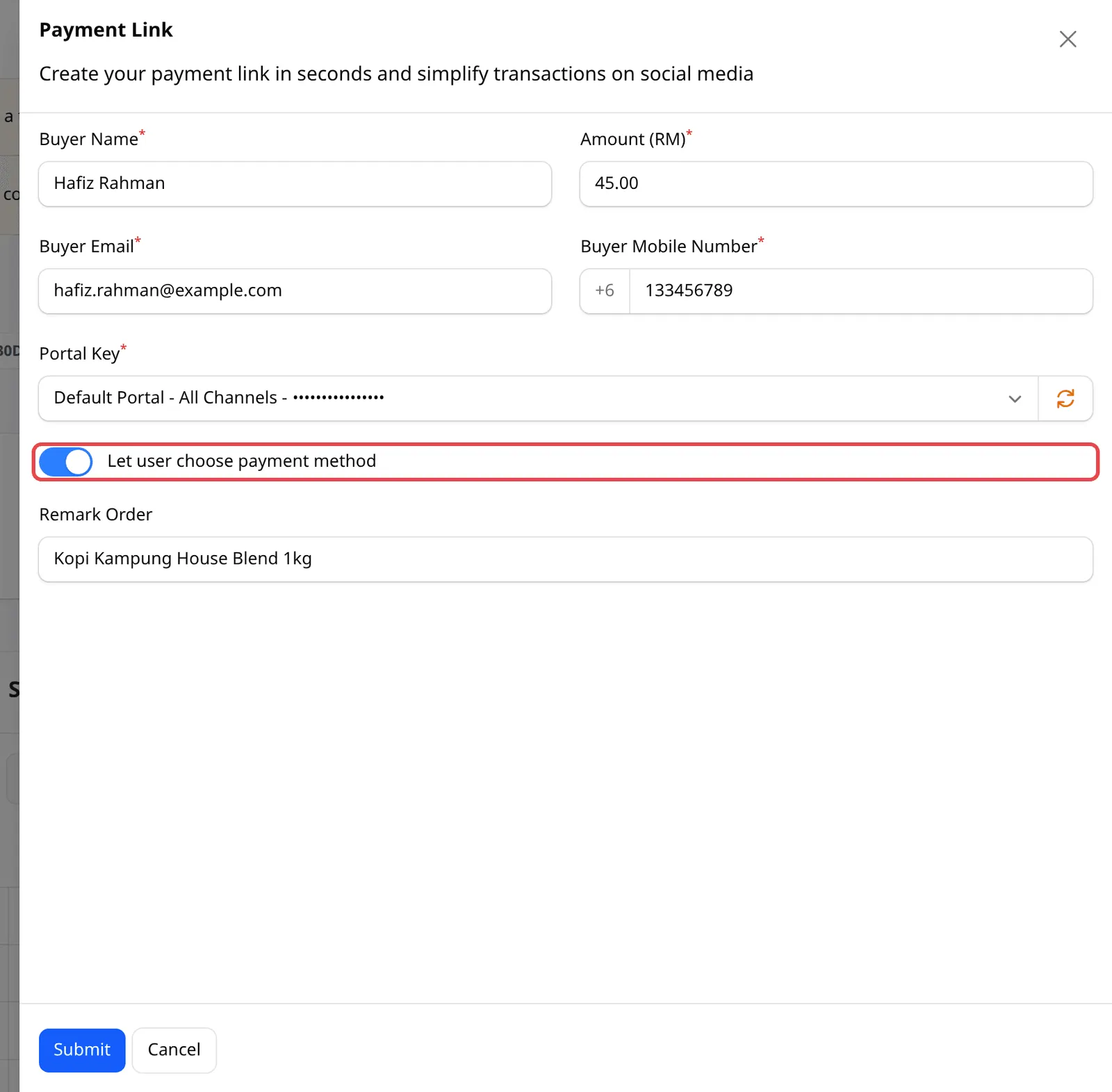 Form Payment Link yang sudah diisi, dengan suis Let user choose payment method ditanda