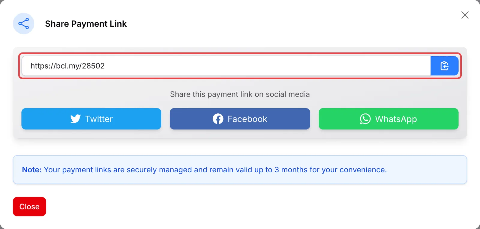 The Share Payment Link window with the link and its copy button highlighted, above the Twitter, Facebook and WhatsApp buttons