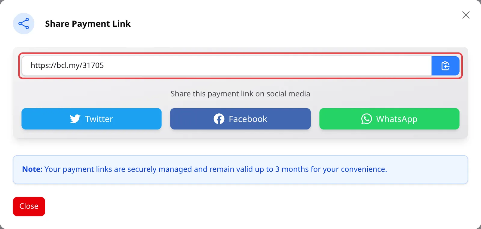Tetingkap Share Payment Link dengan link dan butang copy-nya ditanda, di atas butang Twitter, Facebook dan WhatsApp
