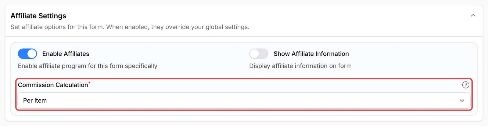 Affiliate Settings部分，Commission Calculation设为Per item