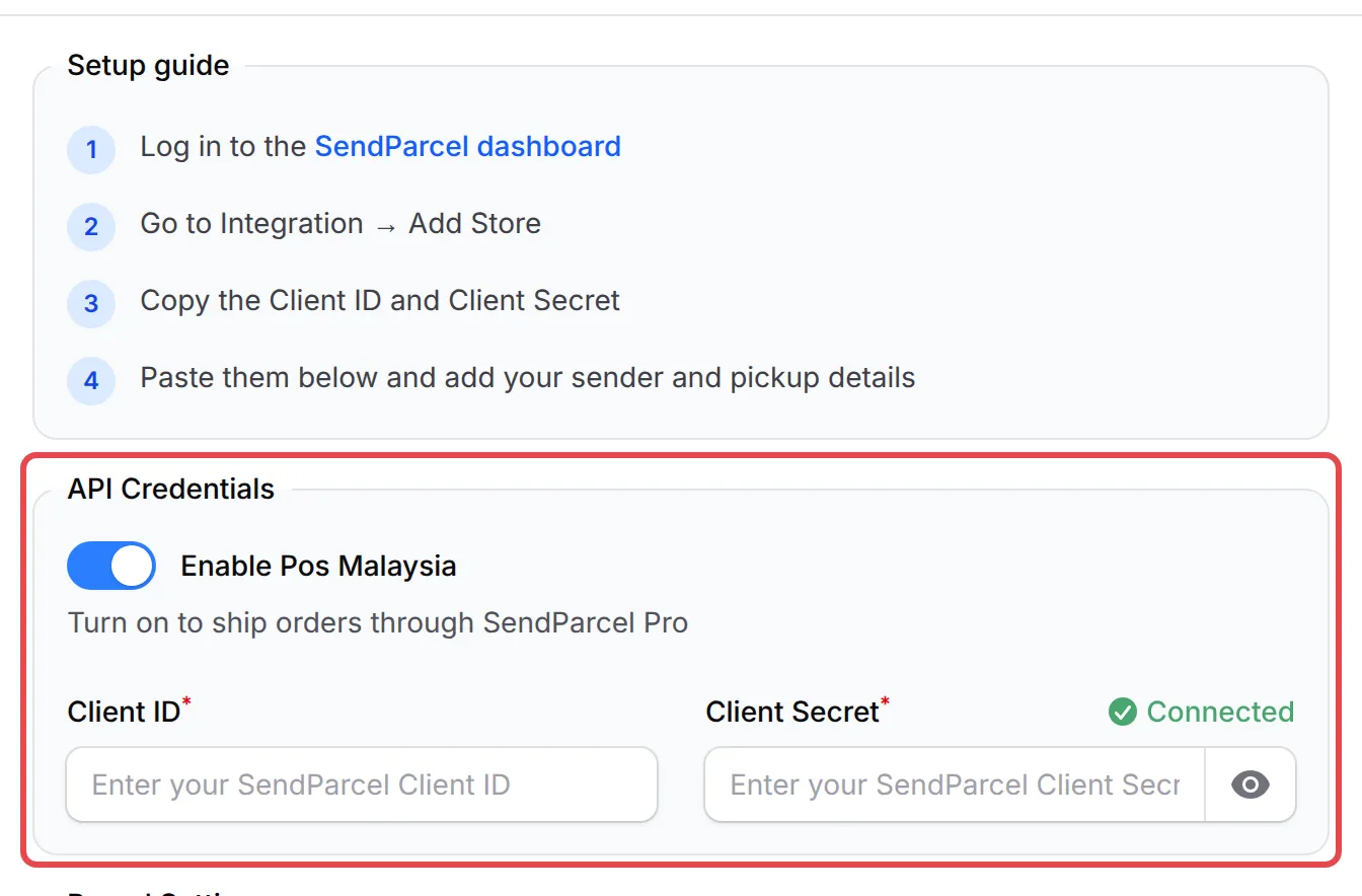 The API Credentials box with Enable Pos Malaysia on, Client ID and Client Secret
