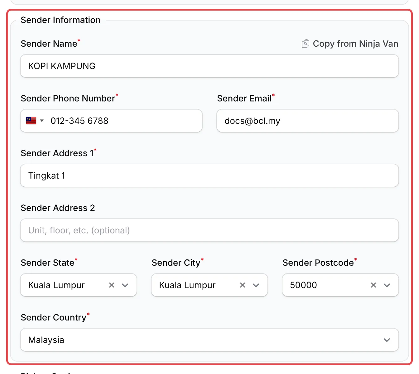 The Sender Information box in the Pos Malaysia panel