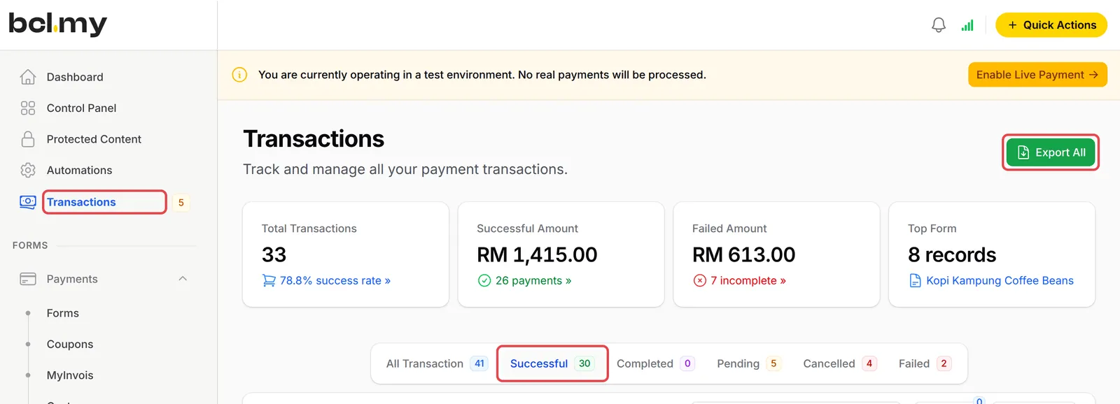 The Transactions page with Transactions in the sidebar, the Successful tab and the Export All button highlighted