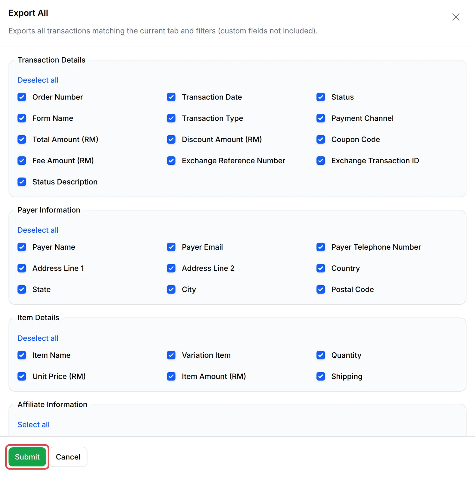 The Export All panel with the Submit button highlighted