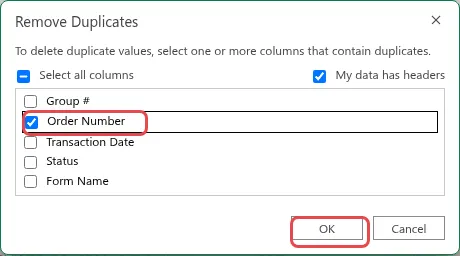 The Remove Duplicates dialog with only Order Number ticked and the OK button highlighted