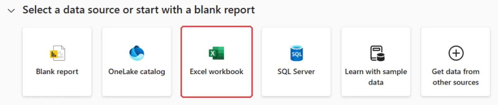 The Power BI Desktop start page with the Excel workbook tile highlighted