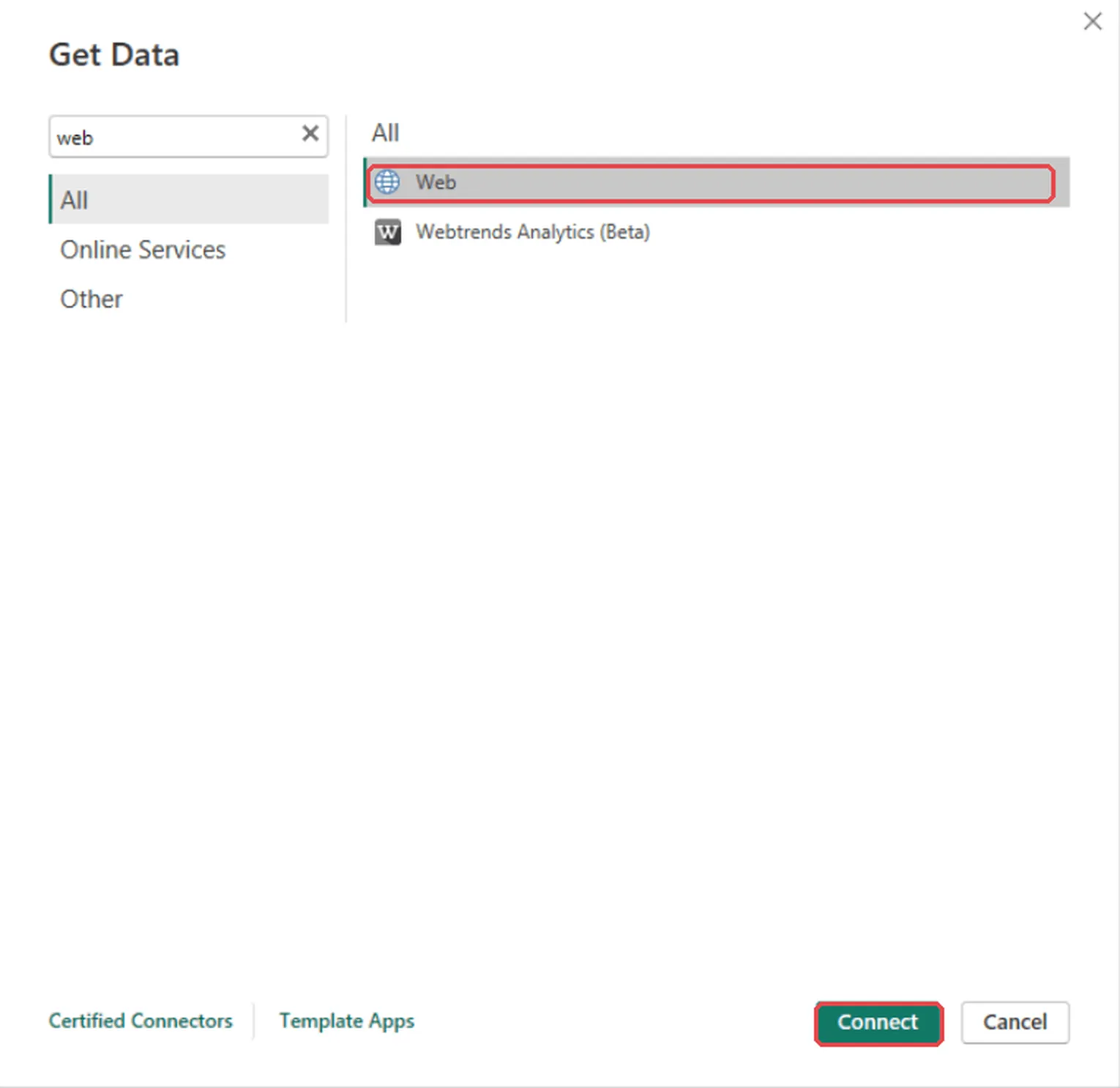 The Get Data dialog with the Web connector and the Connect button highlighted