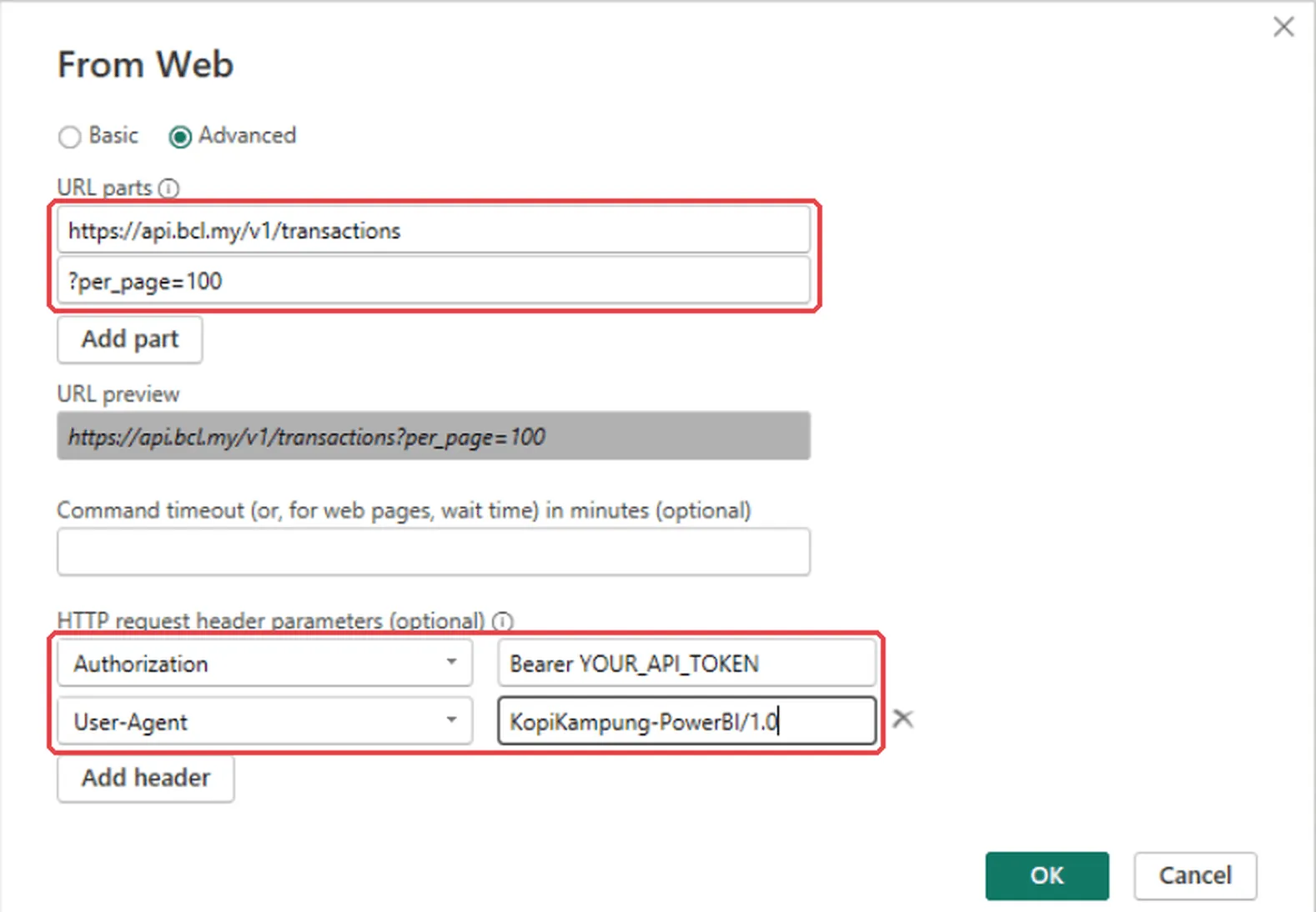 The From Web dialog in Advanced mode with the URL parts and the Authorization and User-Agent headers highlighted