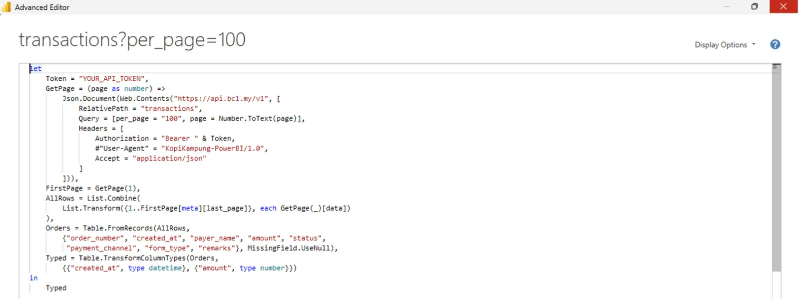The Power Query Advanced Editor with the paging query