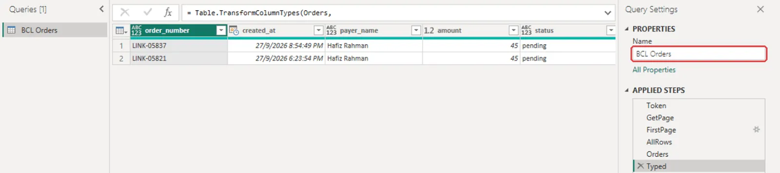 Power Query with the BCL Orders query, one row per transaction, and the Name field highlighted
