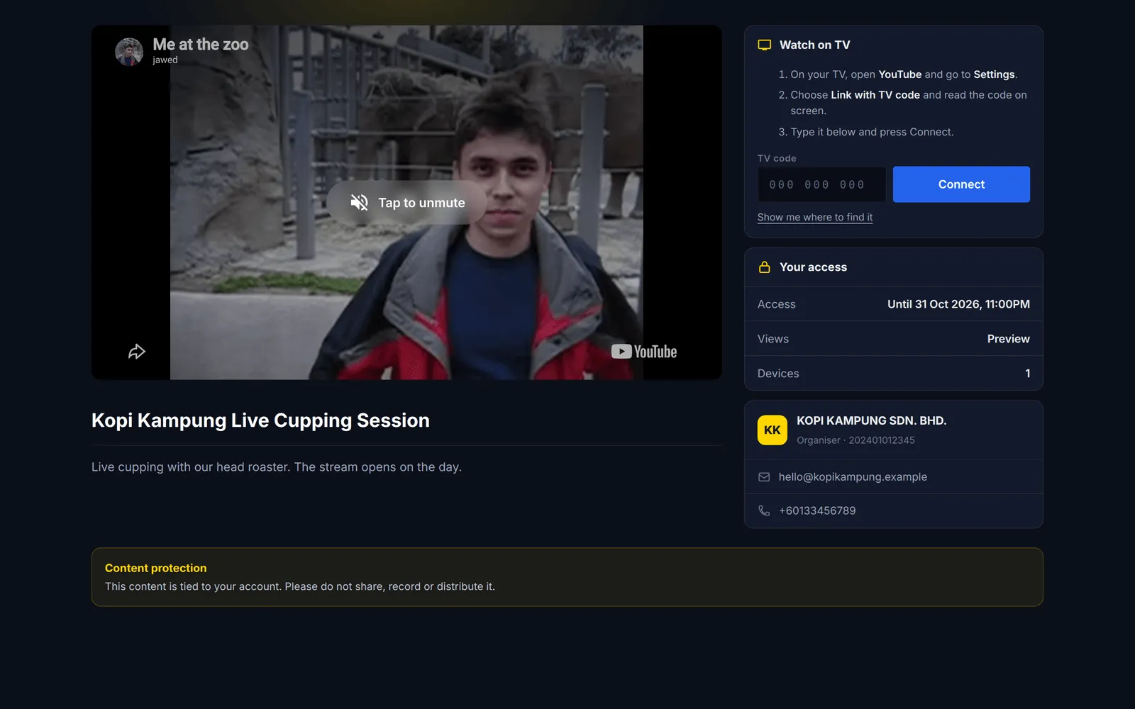 The stream page playing the break video