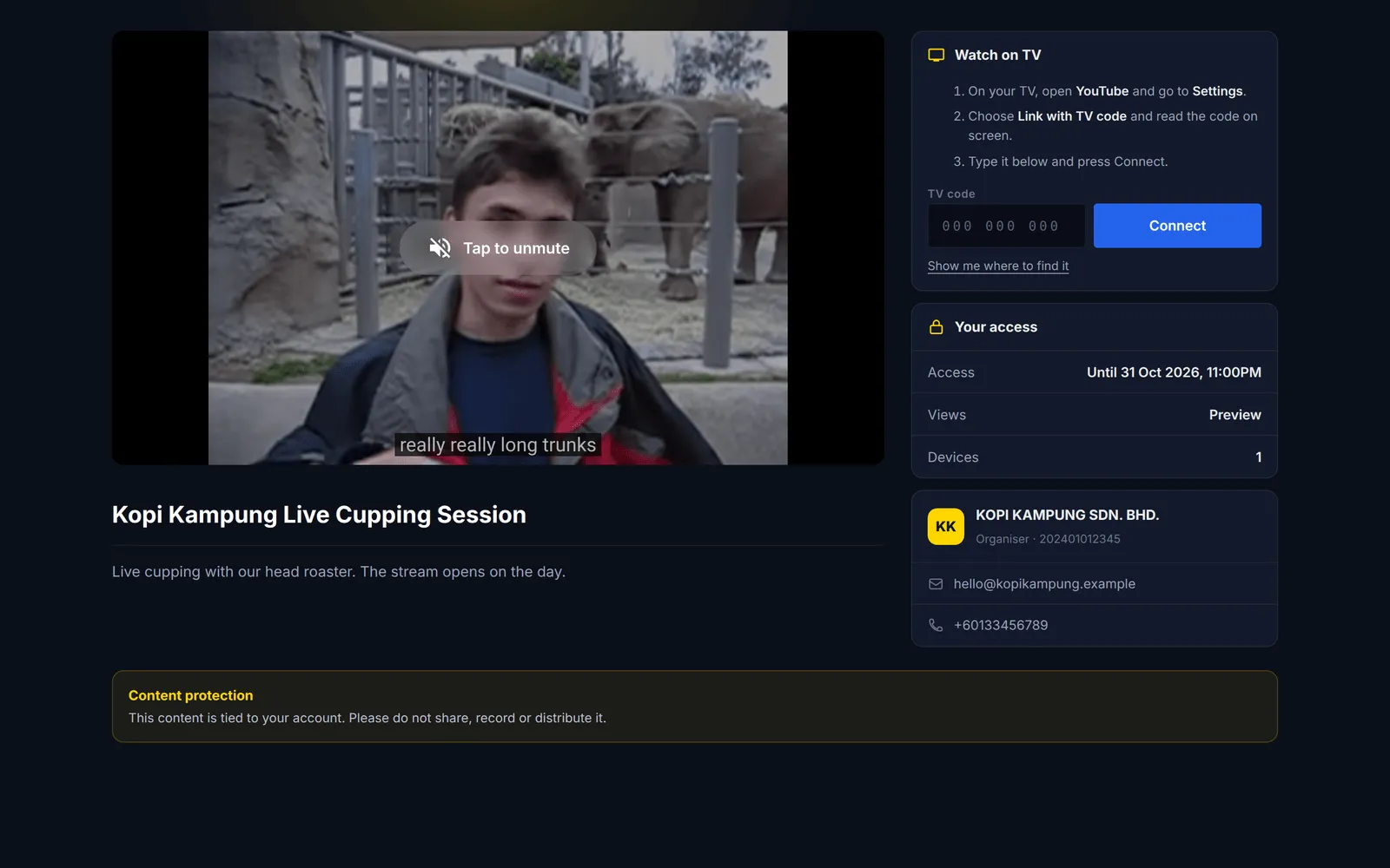 The stream page playing the break video