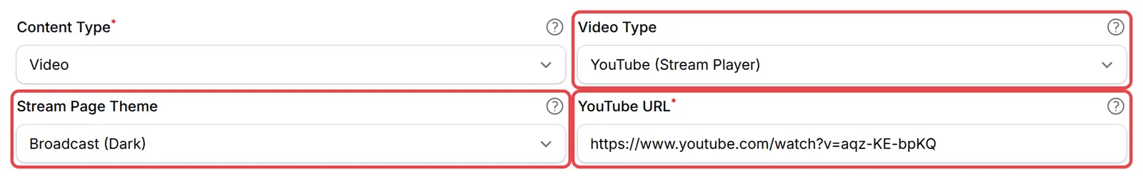 Video Type set to YouTube (Stream Player), with the Stream Page Theme and YouTube URL fields highlighted