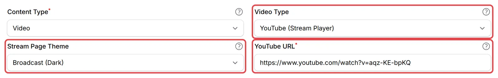 Video Type设为YouTube (Stream Player),Stream Page Theme和YouTube URL栏位已标示